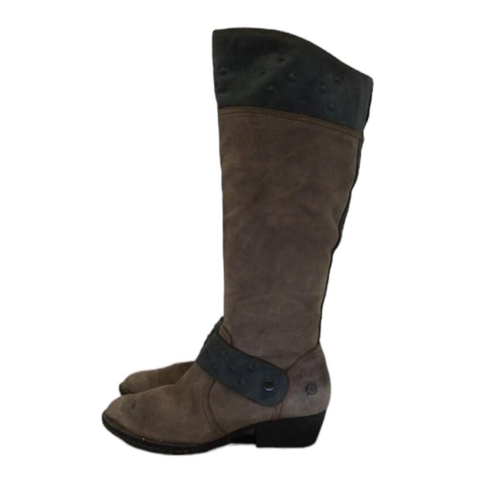 Born brown and black knee high distressed leather side zip boots